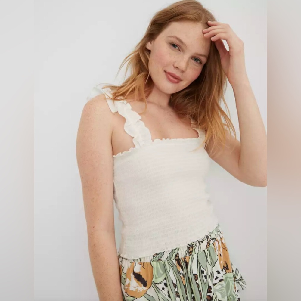 Aerie Textured Crop Top with Ruffled Straps